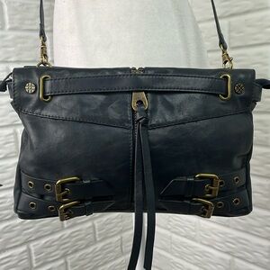 JOELLE HAWKENS Nora Black Leather Buckle Crossbody Purse Clutch